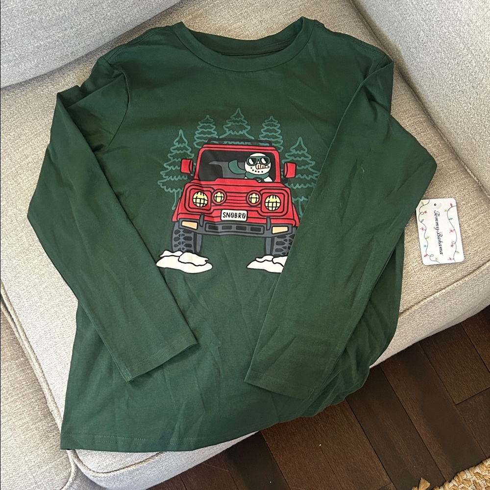 Kids Long Sleeve Green Graphic Tee with Red Truck